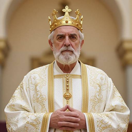 Photograph of an elderly white man with a white beard, wearing an ornate gold crown and white embroidered religious robe, standing solemnly in a softly