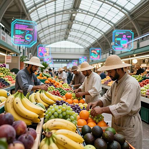 Photograph of a vibrant indoor market with three men in straw hats, buying bananas, oranges, and avocados under neon-lit arches.