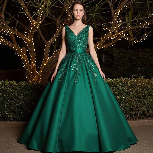Photograph of a woman in a sparkling, deep emerald ball gown with a wide, full skirt, standing against a nighttime background of illuminated trees and