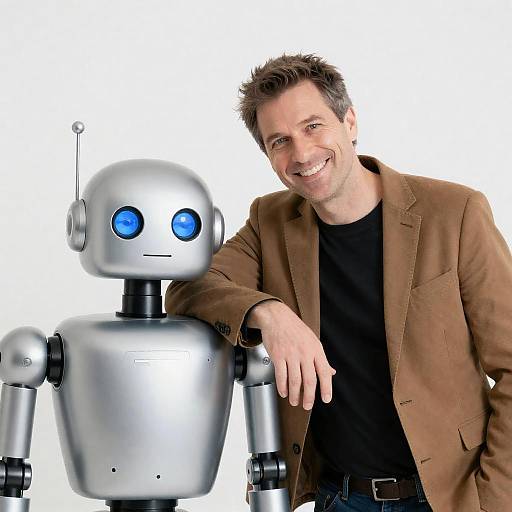 Man Leaning on Silver Robot