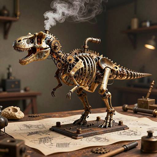 Photograph of a steampunk-style, smoke-emitting dinosaur skeleton model on a workbench with detailed blueprints, tools, and vintage equipment.