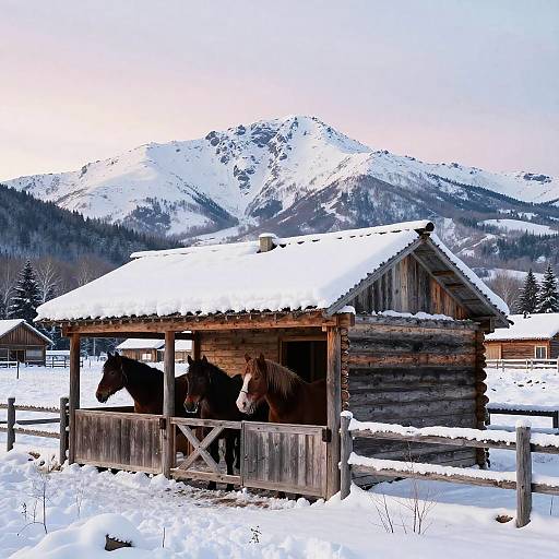 Photograph of a rustic wooden barn with snow-covered roof, two dark horses inside, surrounded by snow, with mountainous winter landscape in background.