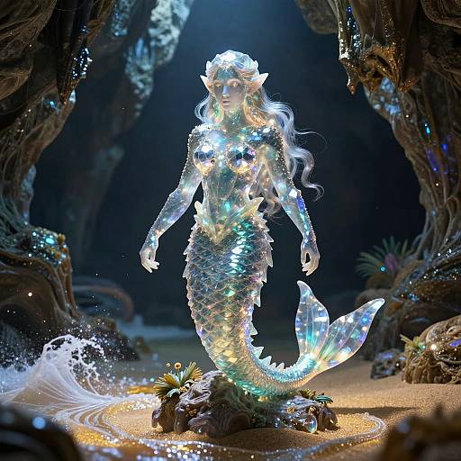 Glowing, ethereal mermaid with shimmering scales and long, wavy hair stands in a dark, underwater cave surrounded by biolumines