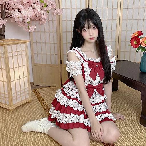 Young Woman in Lace Dress with Cherry Blossoms