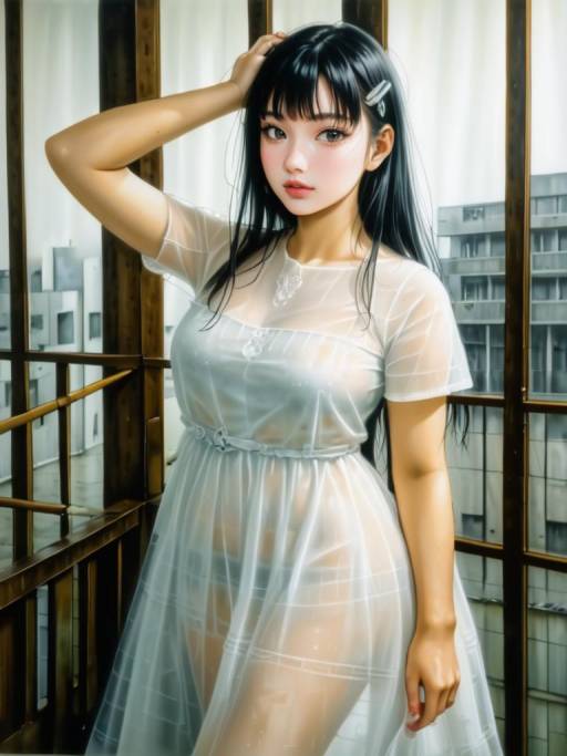 Asian Woman in Sheer White Dress Indoors