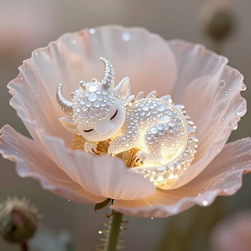 Photograph of a glowing, white, dragon-like fairy with sparkly scales and closed eyes, resting on a dewy, pink poppy flower.