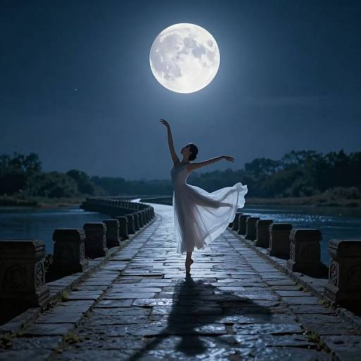 Photograph of a silhouetted ballerina in a flowing white dress dancing on a moonlit stone bridge with a bright full moon overhead.