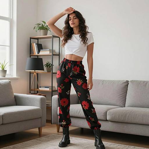 Woman in floral pants posing in modern living room