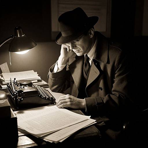 Black-and-white photograph of a man in a fedora and overcoat, typing on a vintage typewriter under a desk lamp.