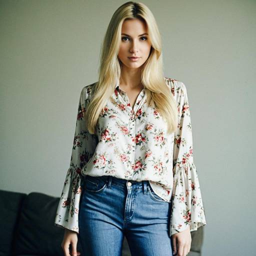 Blonde Woman in Floral Blouse and Jeans