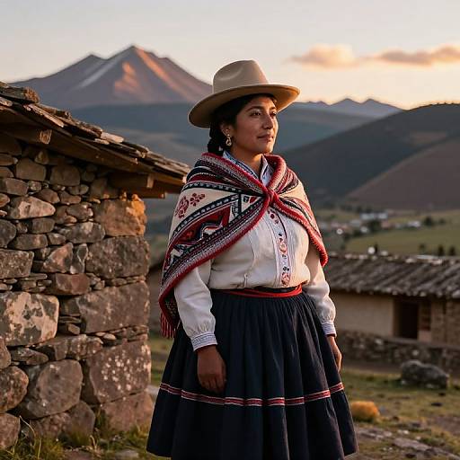 Photograph of a Latina woman in traditional Andean attire, with a stone house and mountains in the sunset background.