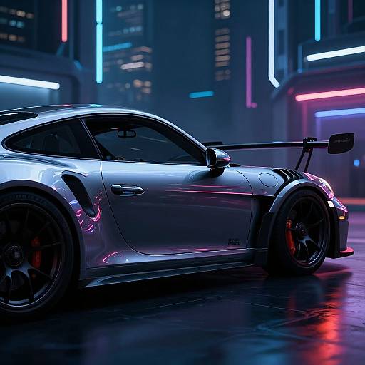Photorealistic digital artwork of a sleek, silver sports car with red brake calipers, illuminated neon cityscape background, and reflective wet pavement.
