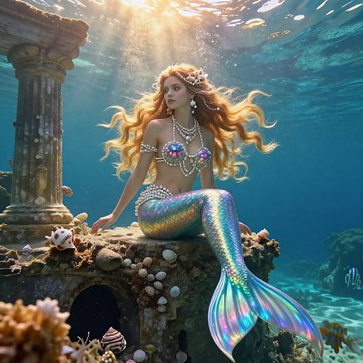 Photorealistic digital art: A shimmering mermaid with long, wavy red hair, adorned in jewels, sits on a sunlit, coral