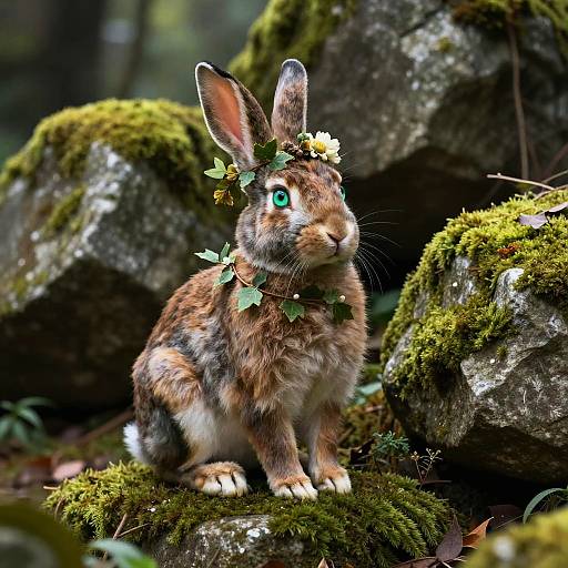 Photograph of a brown-furred rabbit with green eyes, wearing a leafy crown, sitting on moss-covered rocks in a forest.