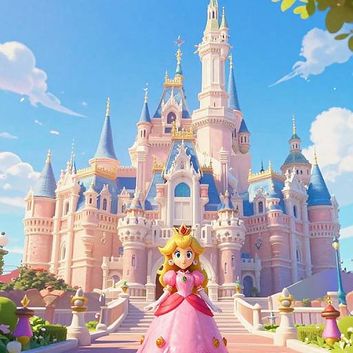 Digital illustration of Princess Peach in a pink dress standing in front of a colorful, towering fairy-tale castle with blue turrets and a bright blue sky