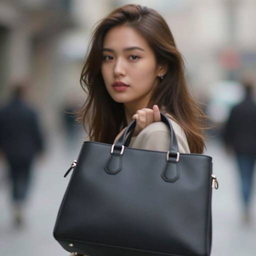 Photograph of an Asian woman with long brown hair, red lipstick, and light makeup, holding a black leather handbag, standing in a blurred city