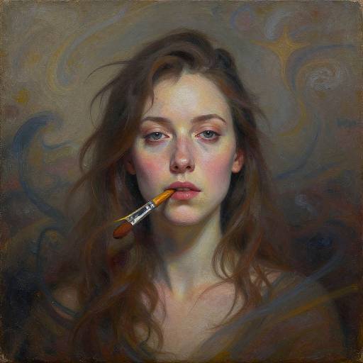 Digital painting of a fair-skinned, brown-haired woman with pink cheeks, holding a paintbrush in her mouth, against a swirling dark background.