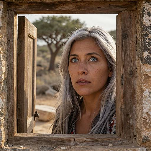 Photograph of a young woman with long silver hair, blue eyes, and freckles, peering through a rustic, weathered window in a