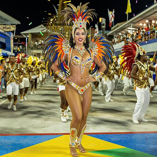 Photograph of a confident, dark-skinned female Carnival performer with vibrant feathers, gold and gem-studded bikini, and white pants, standing on a