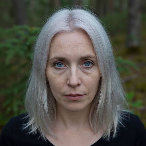 Photograph of a middle-aged woman with pale skin, striking blue eyes, and shoulder-length silver hair, wearing a black top, standing in a forest