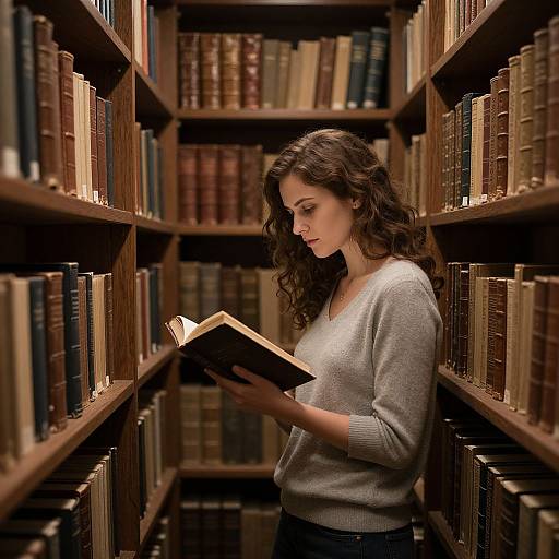 Woman Reading in Antique Library Aisle