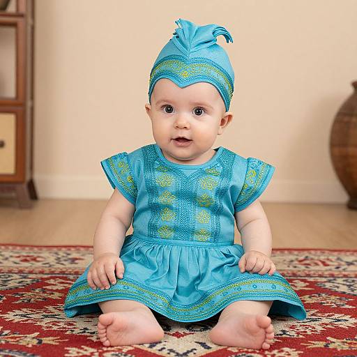 Photograph of a fair-skinned baby sitting on a red-patterned rug, wearing a blue dress and matching headband with a small feather, in