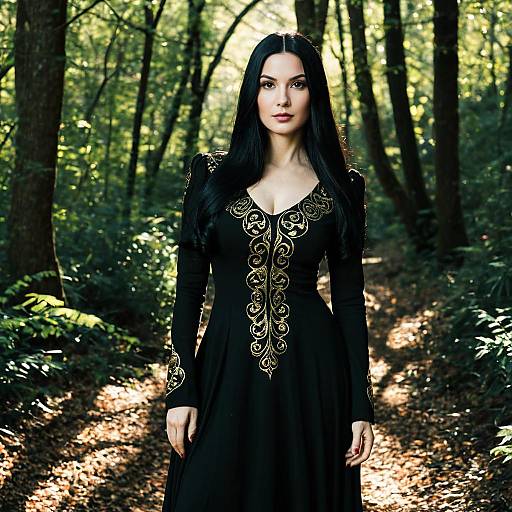 Elegant Woman in Forest: Morticia Inspired