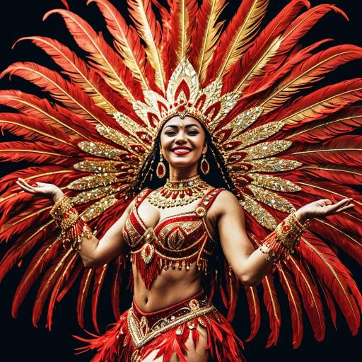 Vibrant Carnival Dancer in Red and Gold Feathers