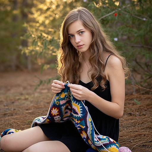 Photograph of a young woman with long brown hair, wearing a black dress, sitting outdoors, holding a colorful floral-patterned cloth, with sunlit