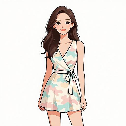 Digital illustration of a smiling Asian woman with long black hair, wearing a sleeveless, V-neck, pastel camo dress with a white bow tied