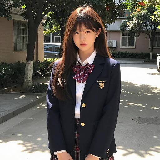 Asian Schoolgirl in Navy Blazer Outdoors