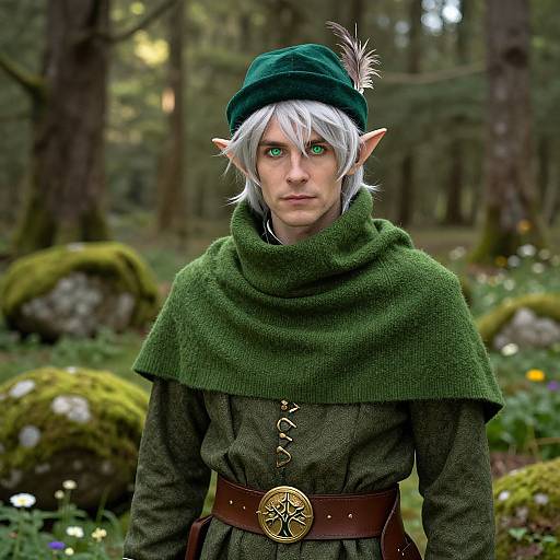 Photograph-style digital artwork of a white-haired, green-eyed elf with pointed ears, wearing a green hat, cloak, and tunic, standing in