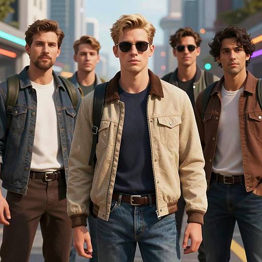 Photograph of five stylish, young men in a city street, wearing sunglasses, denim jackets, and jeans, with a modern urban background.