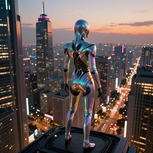 CGI image of a silver, futuristic, humanoid figure with neon accents standing on a rooftop, overlooking a cityscape at sunset.