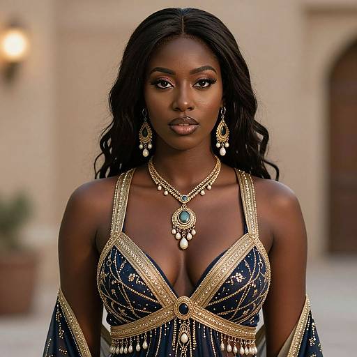 Photograph of a stunning, dark-skinned woman with long black hair, wearing an elegant, gold-trimmed, blue and black, cleavage