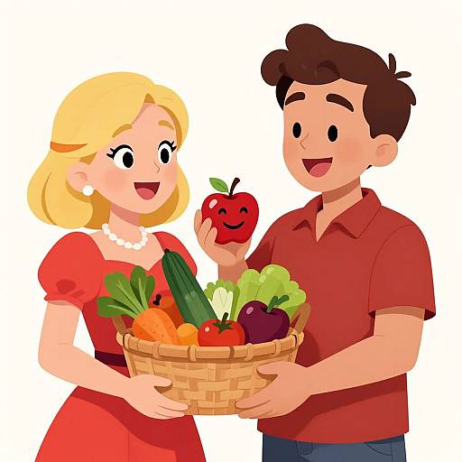 Cartoon illustration of a smiling blonde woman and brown-haired man holding a basket of colorful vegetables and a red apple with a face. Both wear red clothes