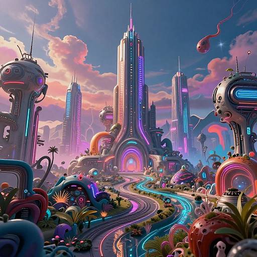 Vibrant, futuristic cityscape with neon-lit skyscrapers, winding road, glowing plants, and floating orbs under a pink and blue sky