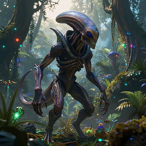 Digital artwork of a bioluminescent, skeletal alien creature with a large head and sharp teeth, standing in a glowing, dense, mystical forest.