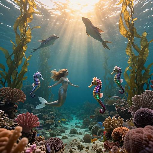 Photograph of a sunlit underwater scene featuring a mermaid with flowing hair, surrounded by three colorful seahorses and two fish, amidst vibrant coral