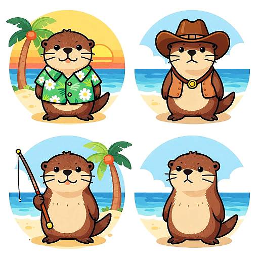 Cartoon otter illustrations: top left in green Hawaiian shirt, sunset; top right in brown cowboy hat, orange shirt; bottom left fishing, palm