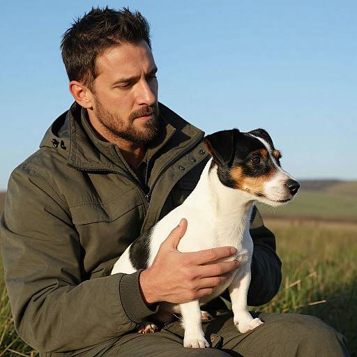 Photograph of a bearded man with short dark hair, wearing a green jacket, gently holding a black and white Jack Russell Terrier outdoors under a