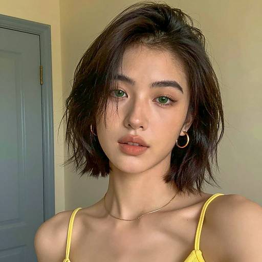 Portrait of Young Woman with Green Eyes and Yellow Top