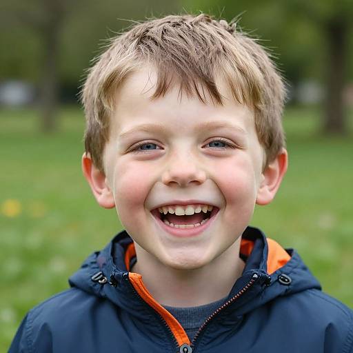 Photograph of a young boy with short, light brown hair, smiling broadly, wearing a dark blue jacket with orange lining, outdoors in a green,