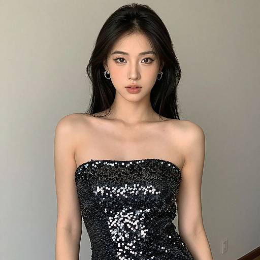 Photograph of an Asian woman with long black hair, wearing a strapless black sequin dress, standing against a plain white wall.