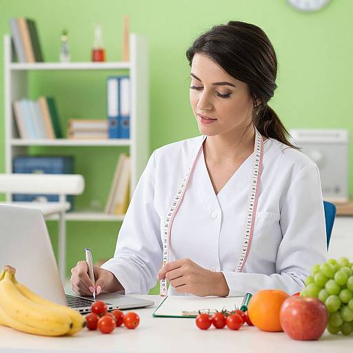 Photograph of a dark-haired woman in a white lab coat, writing notes at a desk with fresh fruits and bananas, in a bright, green-w