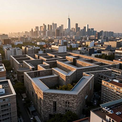 Aerial photograph of a sunlit urban skyline with modern skyscrapers in the background, and intricately designed stone rooftops in the foreground.