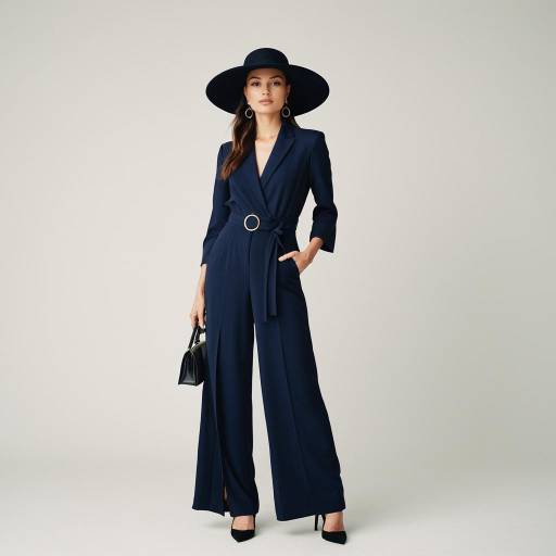 Elegant Woman in Navy Blue Jumpsuit and Wide-Brimmed Hat