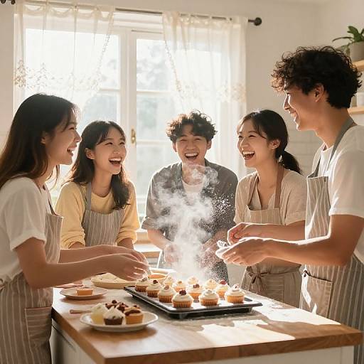 Photograph of five laughing Asian friends in striped aprons baking cupcakes in bright, sunlit kitchen, steam rising from tray.