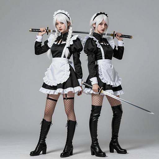 Anime-Style Women in Gothic French Maid Outfits with Katanas