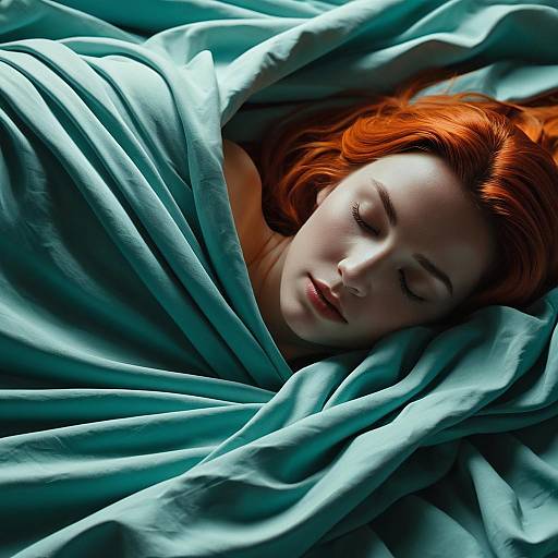 Sleeping Woman Wrapped in Turquoise Sheets